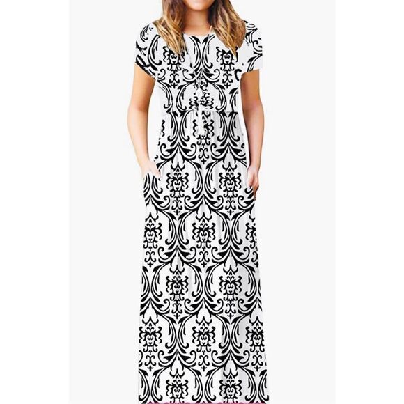 Viishow Womens Short Sleeve Loose Maxi‎ Dress White Black Print Large NWT - Picture 1 of 9